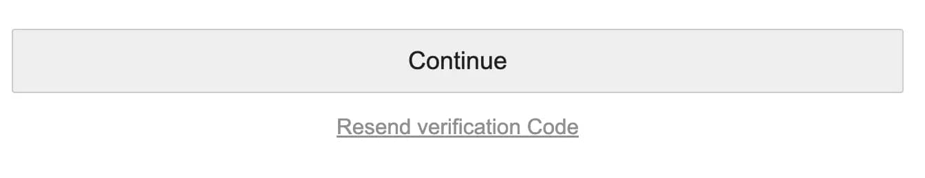 Image of the bottom of the Create New Account form on the Registration page. The Resend verification Code? link to the right of the Continue button is highlighted with a red border.