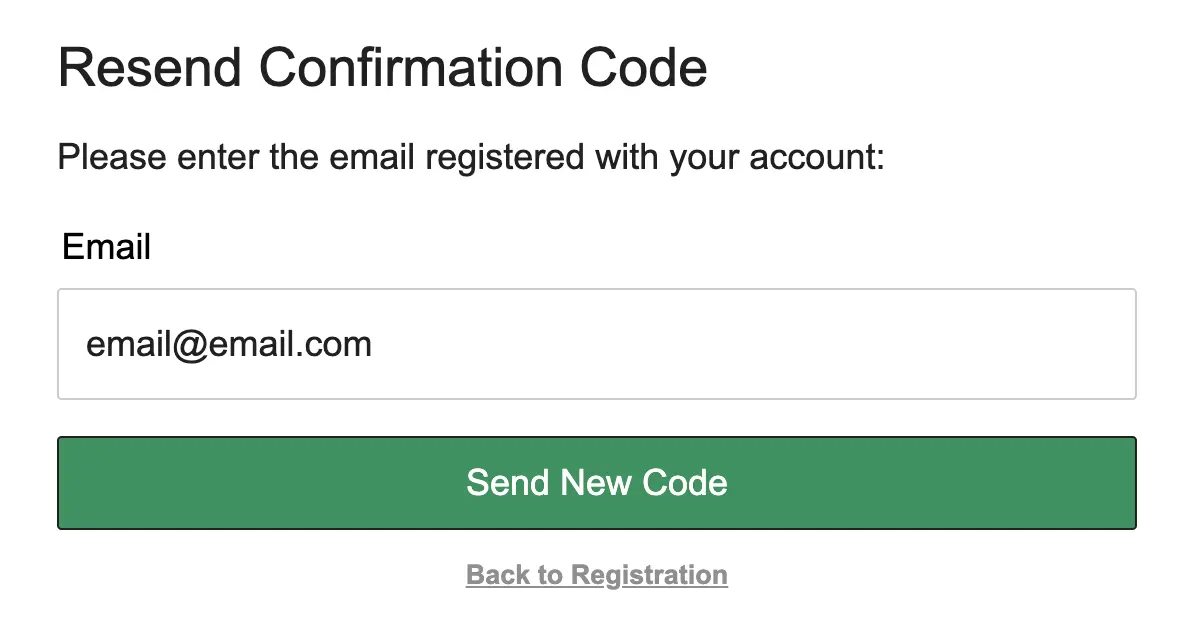 Image of the Resend Confirmation Code form. The email field has been filled in with an example address, and the Send New Code button is highlighted with a red border.